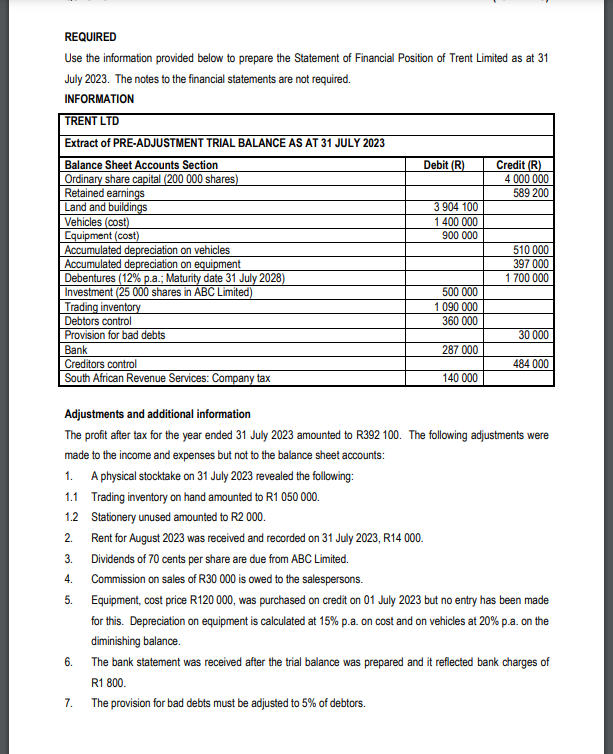 REQUIRED Use the information provided below to prepare the Statement of