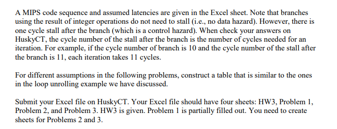 A MIPS code sequence and assumed latencies are given in the