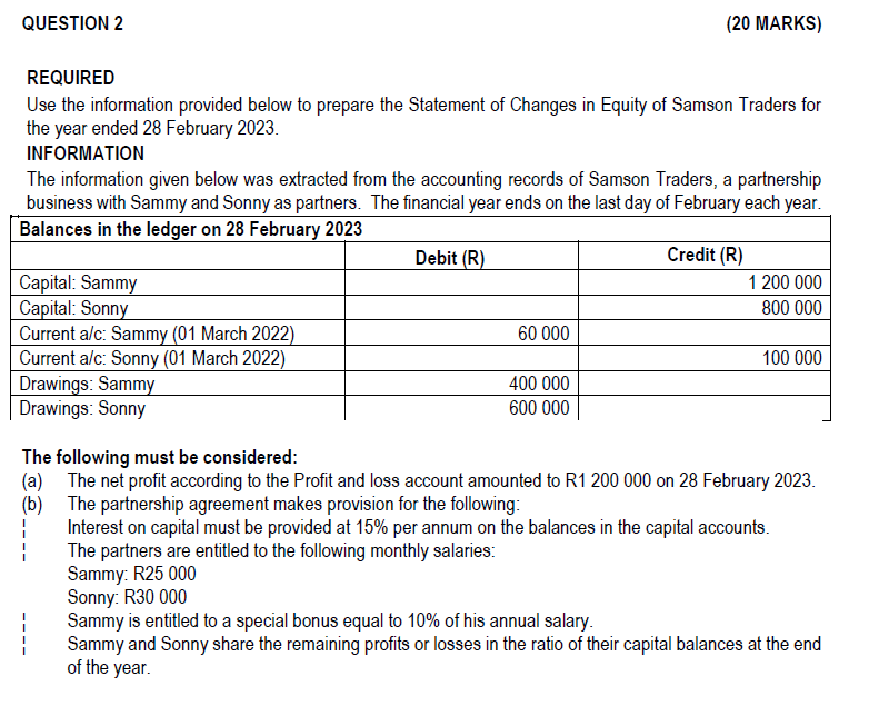 QUESTION 2 (20 MARKS) REQUIRED Use the information provided below to prepare
