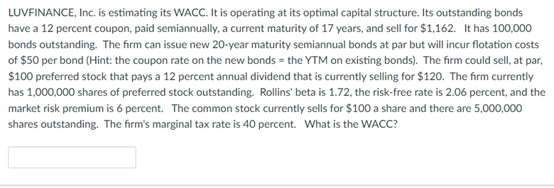 LUVFINANCE, Inc. is estimating its WACC. It is operating at its