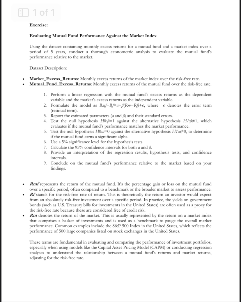  Exercise: Evaluating Mutual Fund Performance Against the Market Index Using the