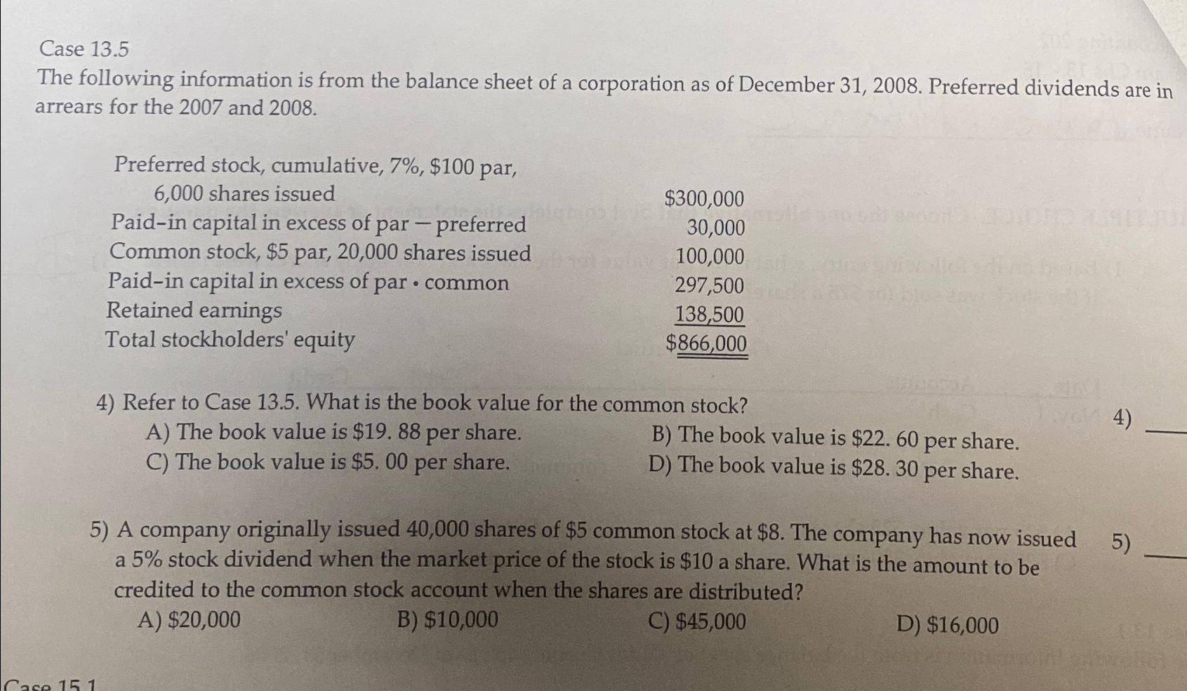  Case 13.5 The following information is from the balance sheet of