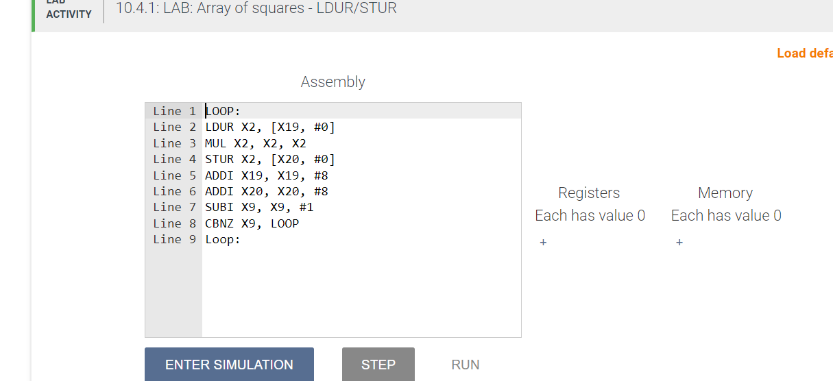  10.4 LAB: Array of squares - LDUR/STUR Given an array of