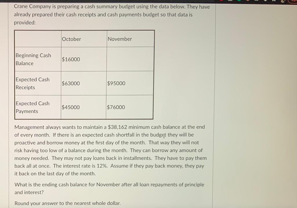  Crane Company is preparing a cash summary budget using the data