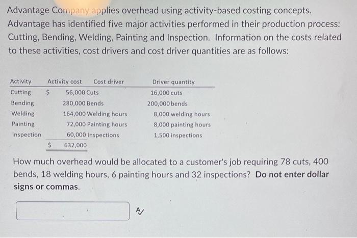  Advantage Company applies overhead using activity-based costing concepts. Advantage has identified