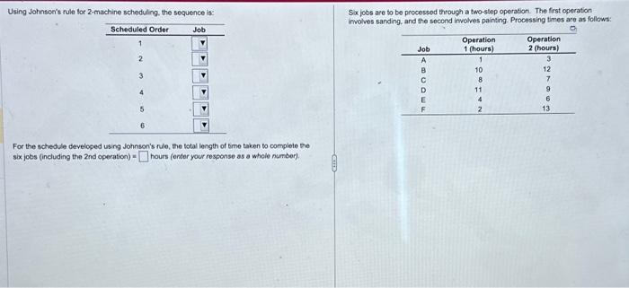  Using Johnsor's rule for 2-machine scheduling, the sequence is: Sxjobs are