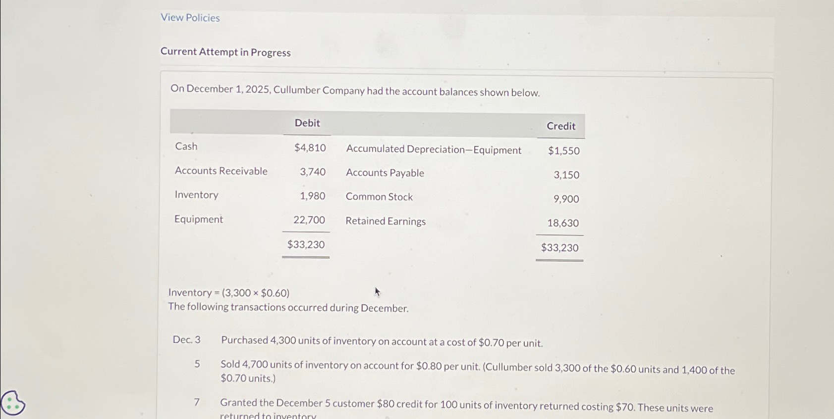 Current Attempt in Progress On December 1, 2025, Cullumber Company had