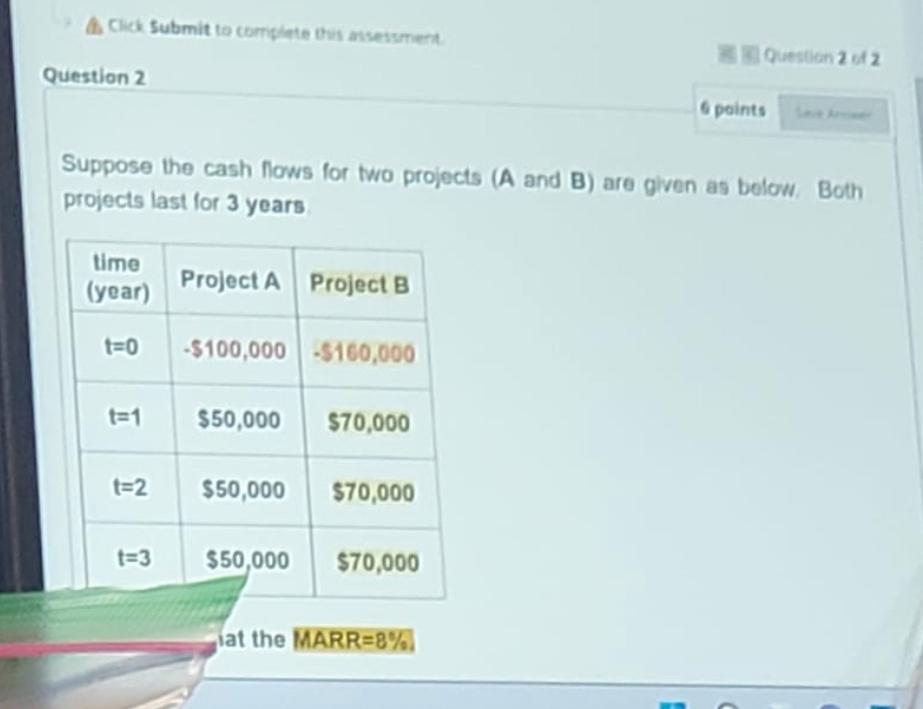 Suppose the cash flows for two projects (A and B) are