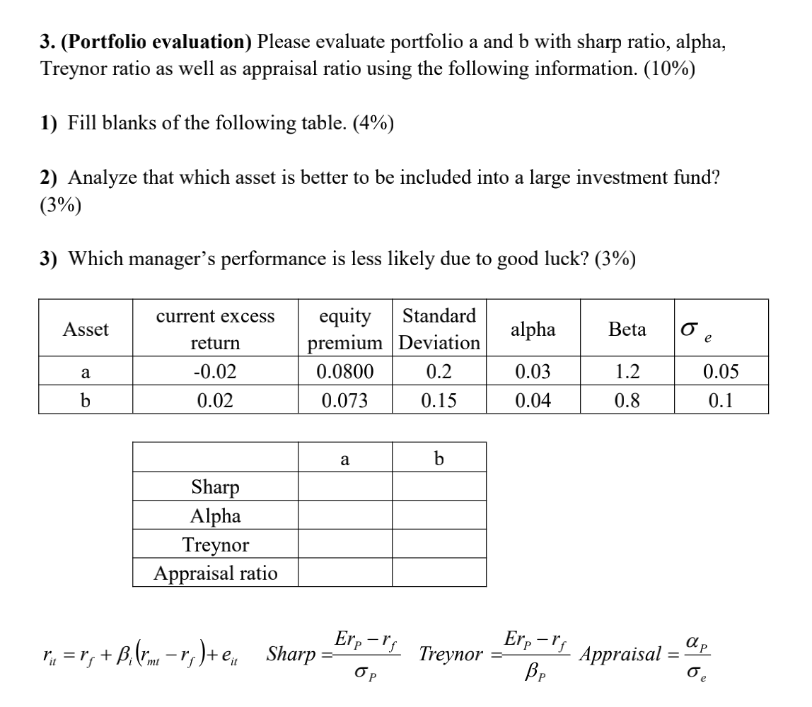 3. (Portfolio evaluation) Please evaluate portfolio a and b with sharp