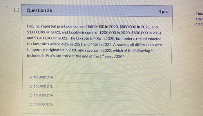  Question 26 4 pts Time Atten 42M Fox, Inc. reported pre-tax