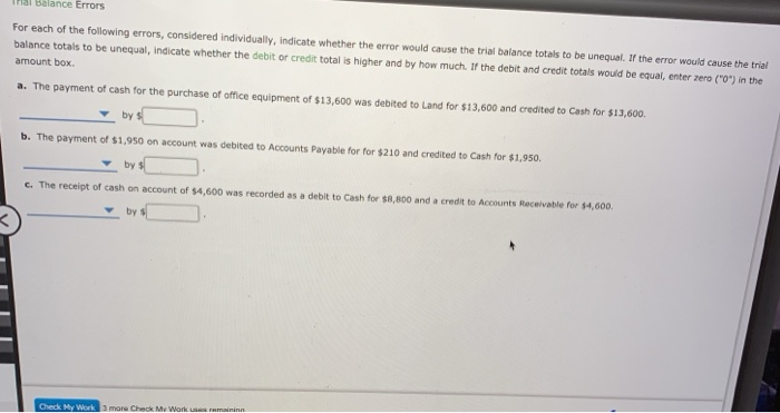  na Balance Errors For each of the following errors, considered individually,
