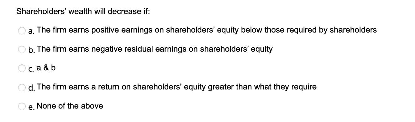  Shareholders' wealth will decrease if: a. The firm earns positive earnings