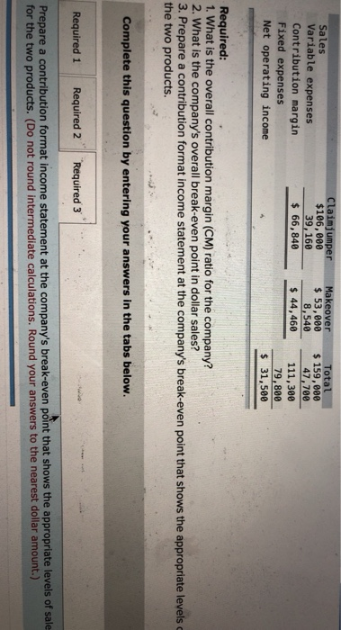  Sales Variable expenses Contribution margin Fixed expenses Net operating income Claimjumper