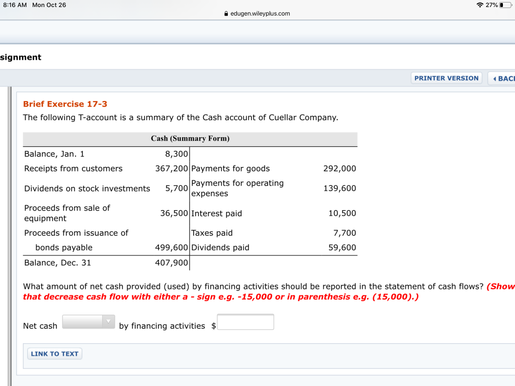  8:16 AM Mon Oct 26 27% edugen.wileyplus.com signment PRINTER VERSION BACI