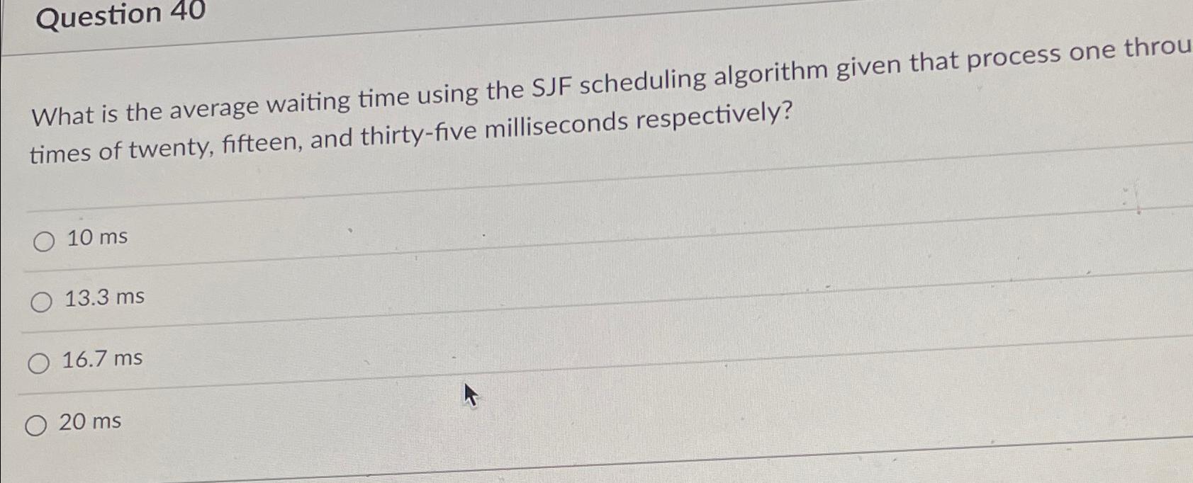  Question 40 What is the average waiting time using the SJF