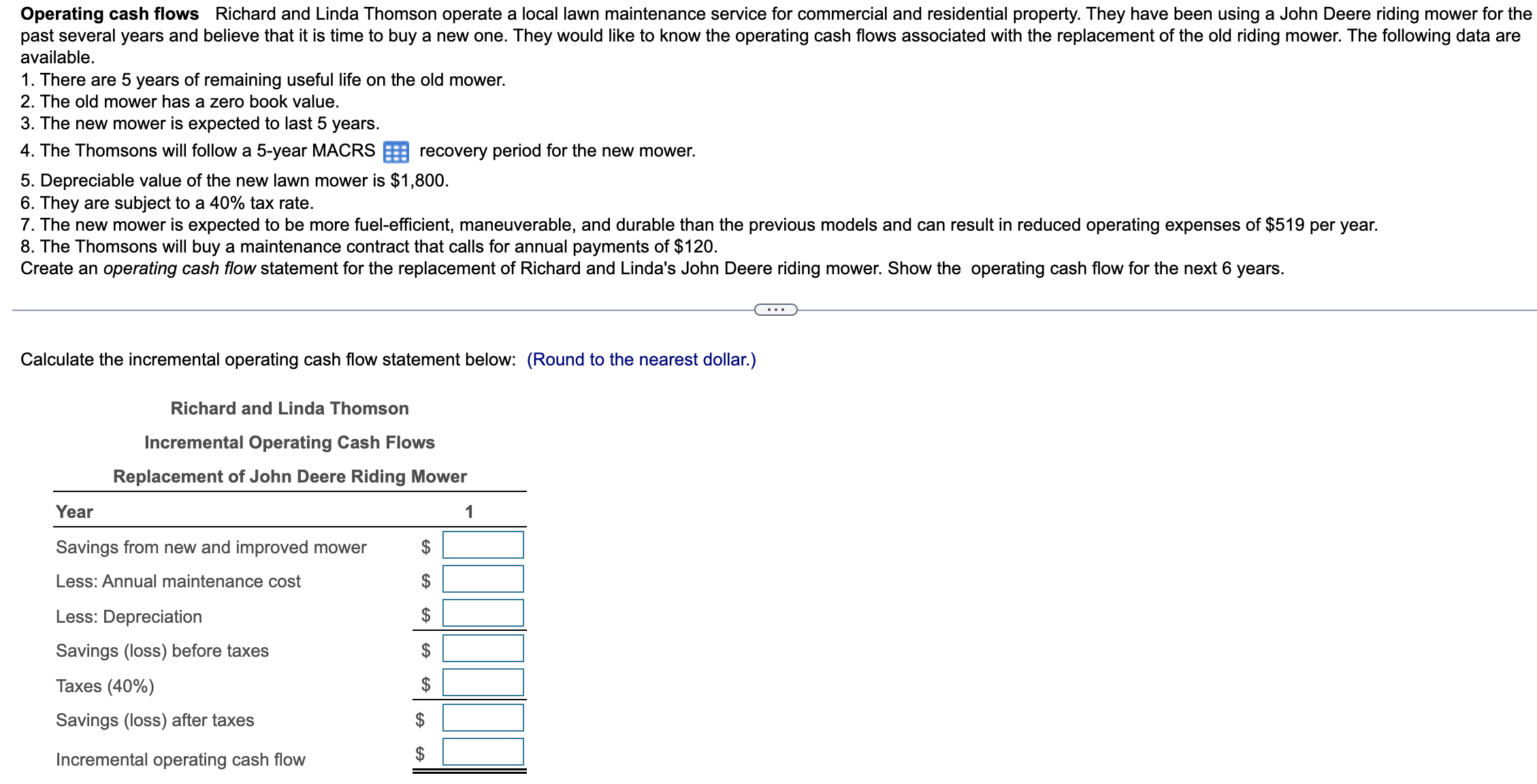 Question 6 Chapter 11 redo Operating cash flows Richard and Linda Thomson
