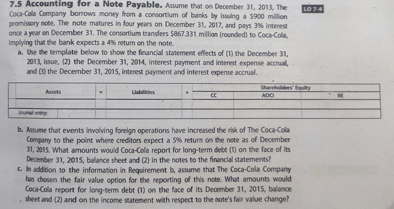  7.5 Accounting tor a Note Payable. Assume that on December 31,2013