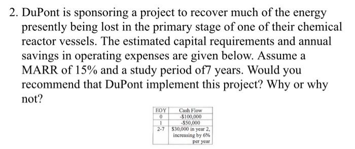please solve this engineering economics question. no excel 2. DuPont is sponsoring