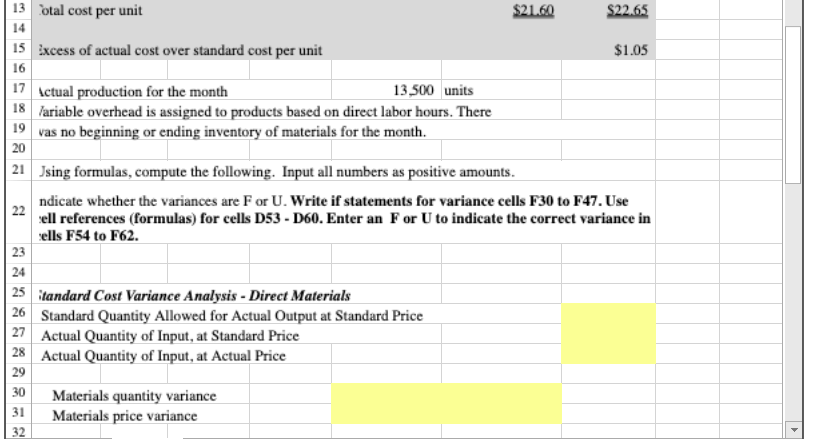 Unit Costs 1. Compute the direct materials price and quantity variances and