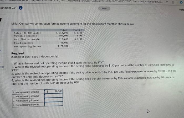  Miller Company's contribution format income statement for the most recent month