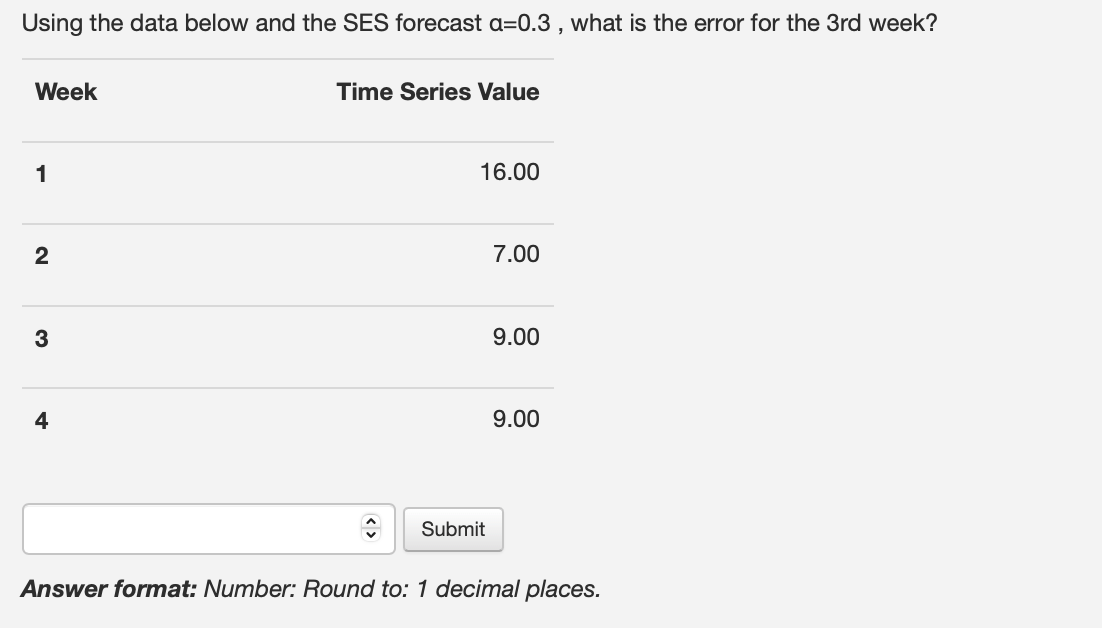 Using the data below and the SES forecast a=0.3 , what
