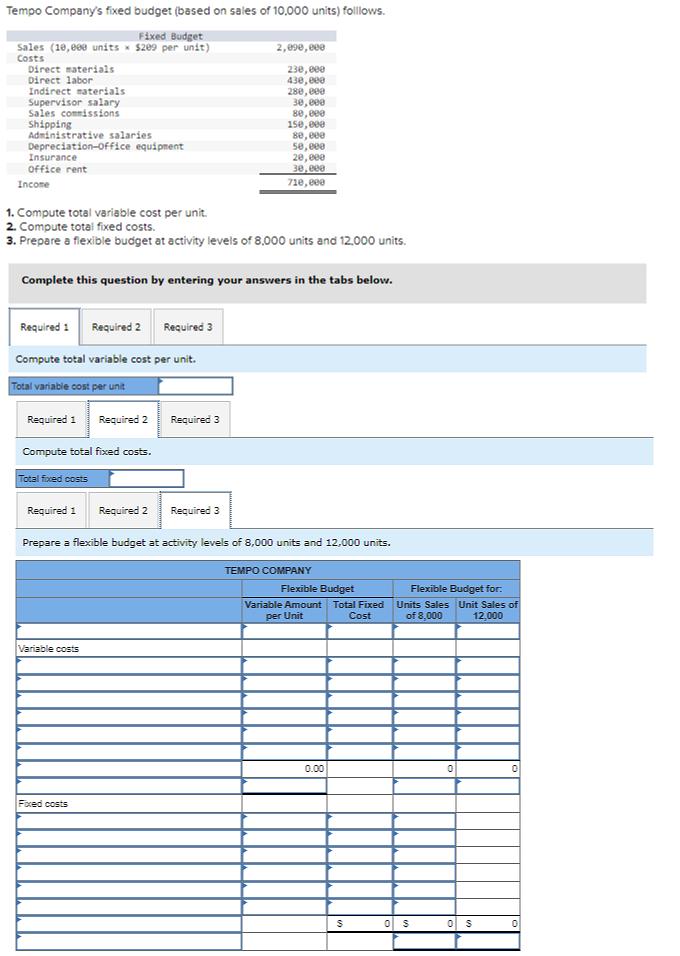  1. Compute total variable cost per unit. 2. Compute total fixed
