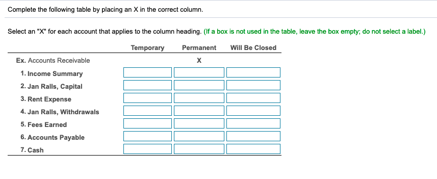Complete the following table by placing an X in the correct