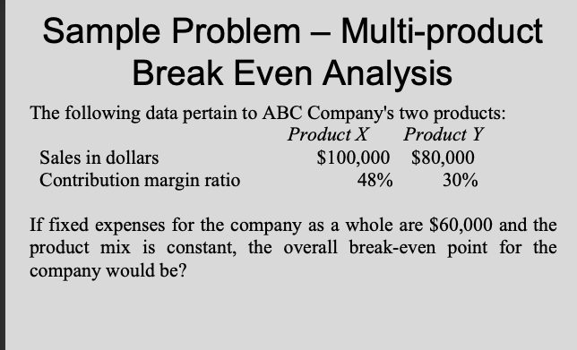  ***PLEASE SHOW CALCULATIONS*** Sample Problem Multi-product Break Even Analysis The following
