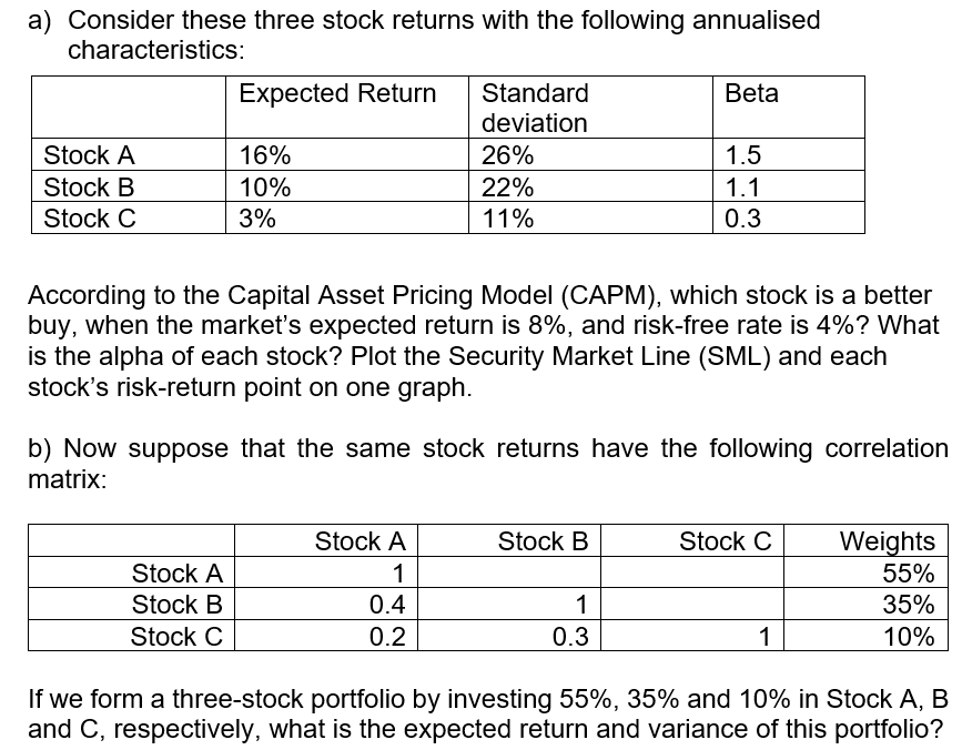 a) Consider these three stock returns with the following annualised characteristics: