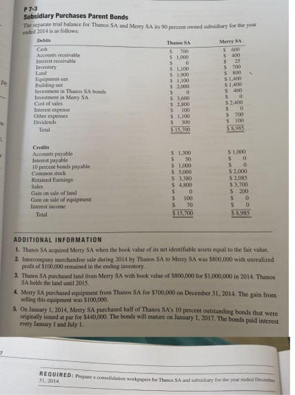 can you help me with this question please... P 7-3 Subsidiary