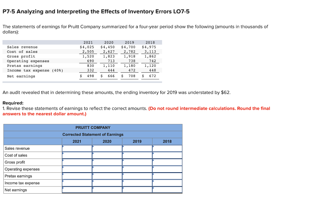  P7-5 Analyzing and Interpreting the Effects of Inventory Errors LO7-5 The