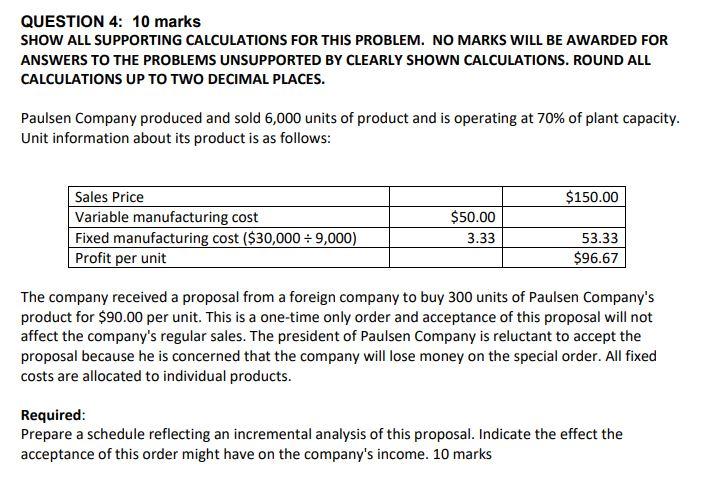  QUESTION 4: 10 marks SHOW ALL SUPPORTING CALCULATIONS FOR THIS PROBLEM.