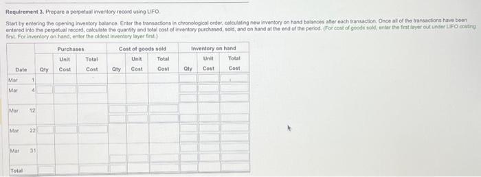 Prepare a perpetual inventory record using LIFO. 4. Prepare a perpetual inventory