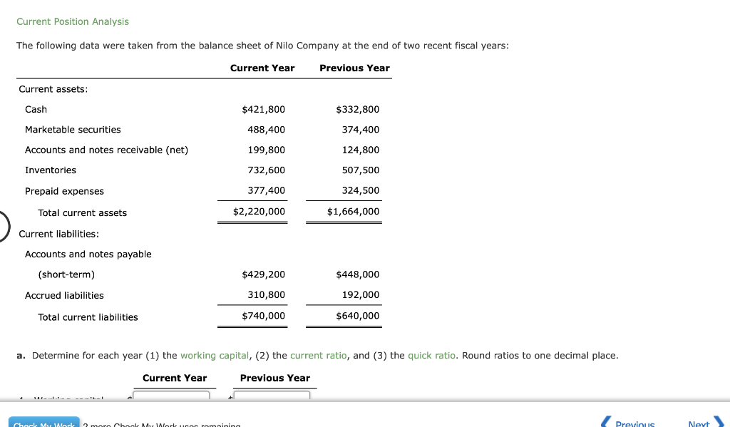  Current Position Analysis The following data were taken from the balance