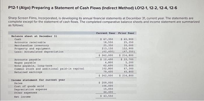  P12-1 (Algo) Preparing a Statement of Cash Flows (Indirect Method) LO12-1,