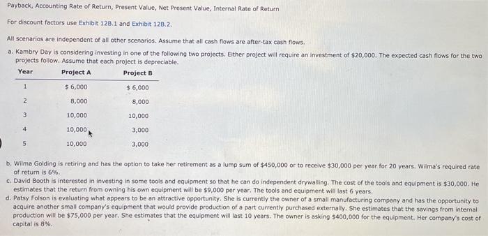  Payback, Accounting Rate of Return, Present Value, Net Present Value, Internal