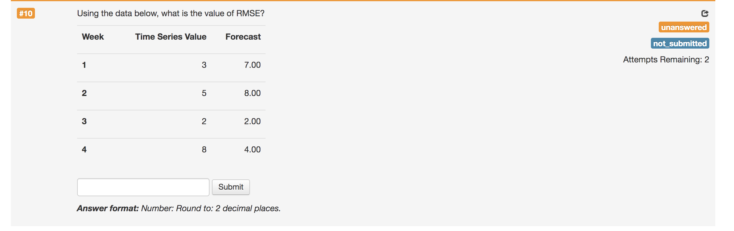 #10 Using the data below, what is the value of RMSE?