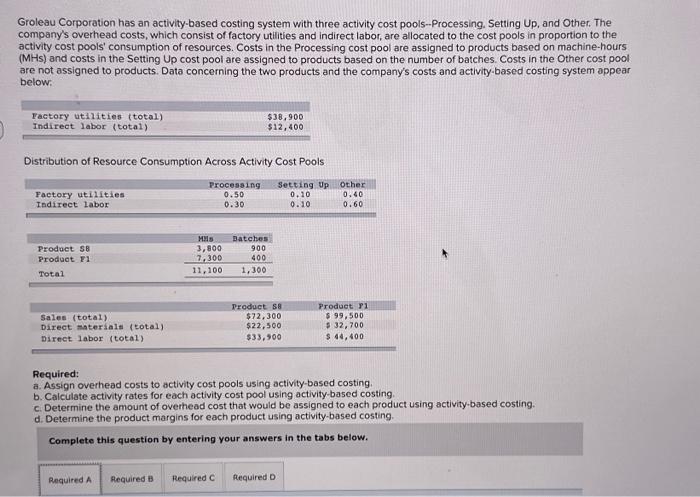  Groleau Corporation has an activity-based costing system with three activity cost
