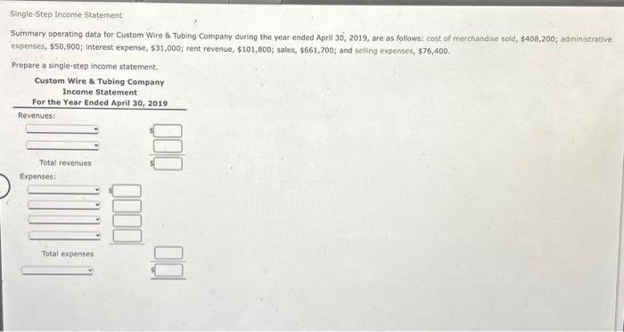 Need help please Single-Step Income Statement Summary operating data for Custom Wire