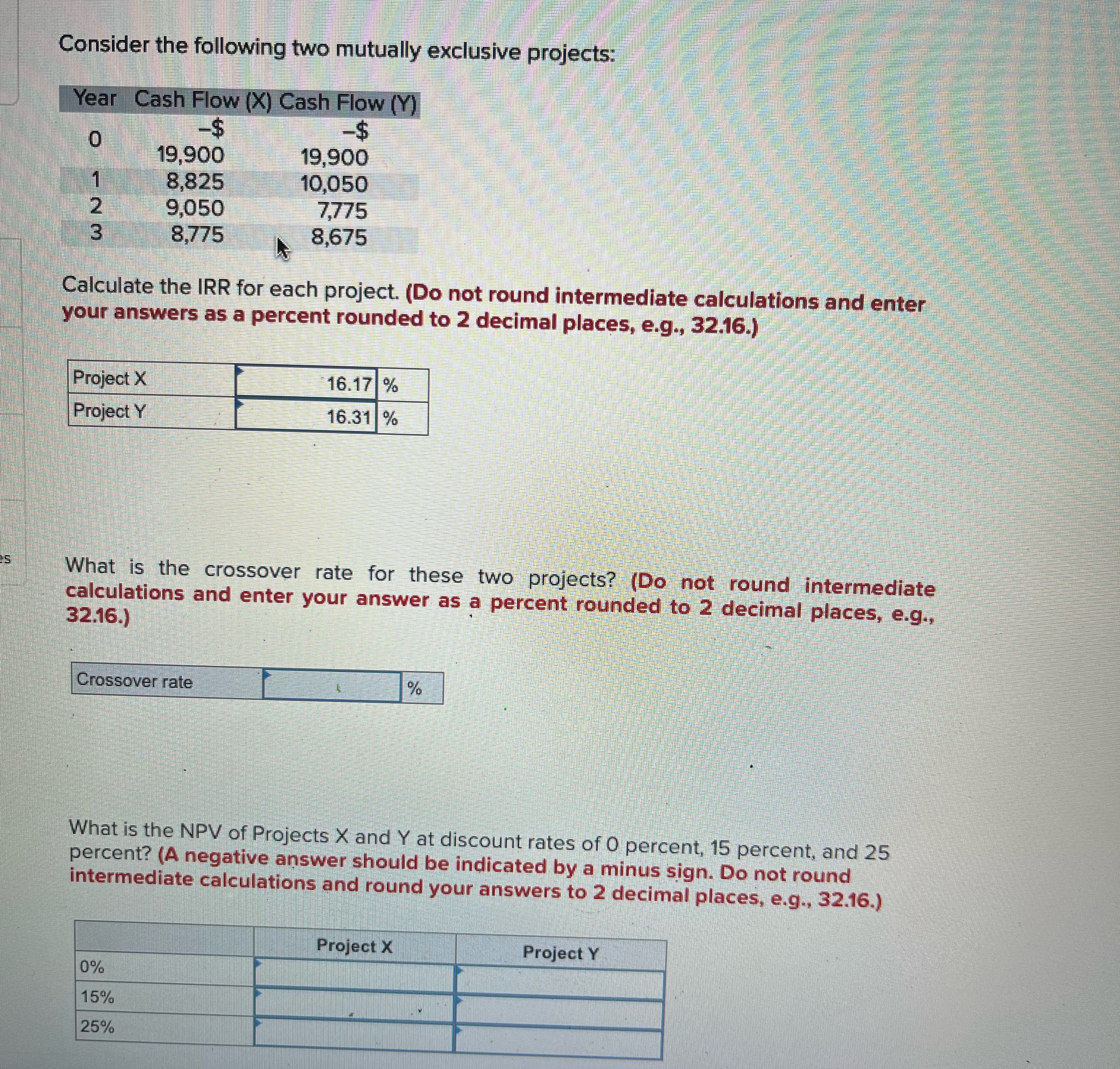  Consider the following two mutually exclusive projects:YearCash Flow (X)Cash Flow (Y)0$
