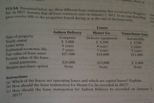 P15-4A Bfne sheet at P15-SA Presented below are three different lease transactions