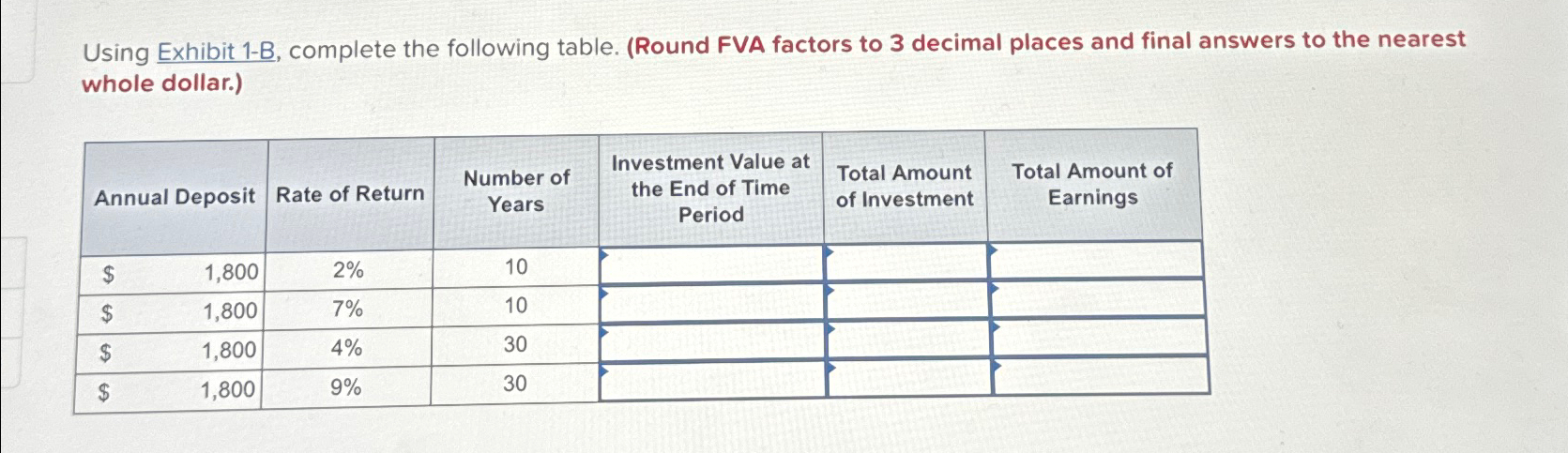  Using Exhibit 1-B, complete the following table. (Round FVA factors to