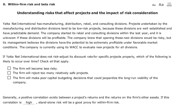  6. Within-firm risk and beta risk Understanding risks that affect projects