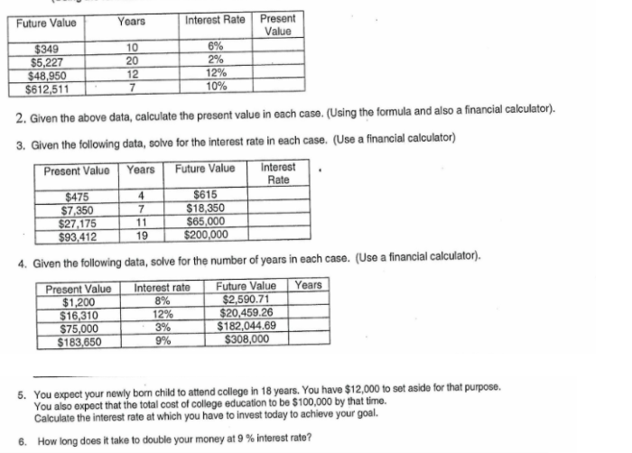 Future Value Years Interest Rate Present Value $349 10 6% $5,227