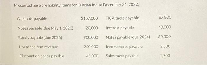 Presented here are liability items for O'Brian Inc. at December 31,2022. Presented