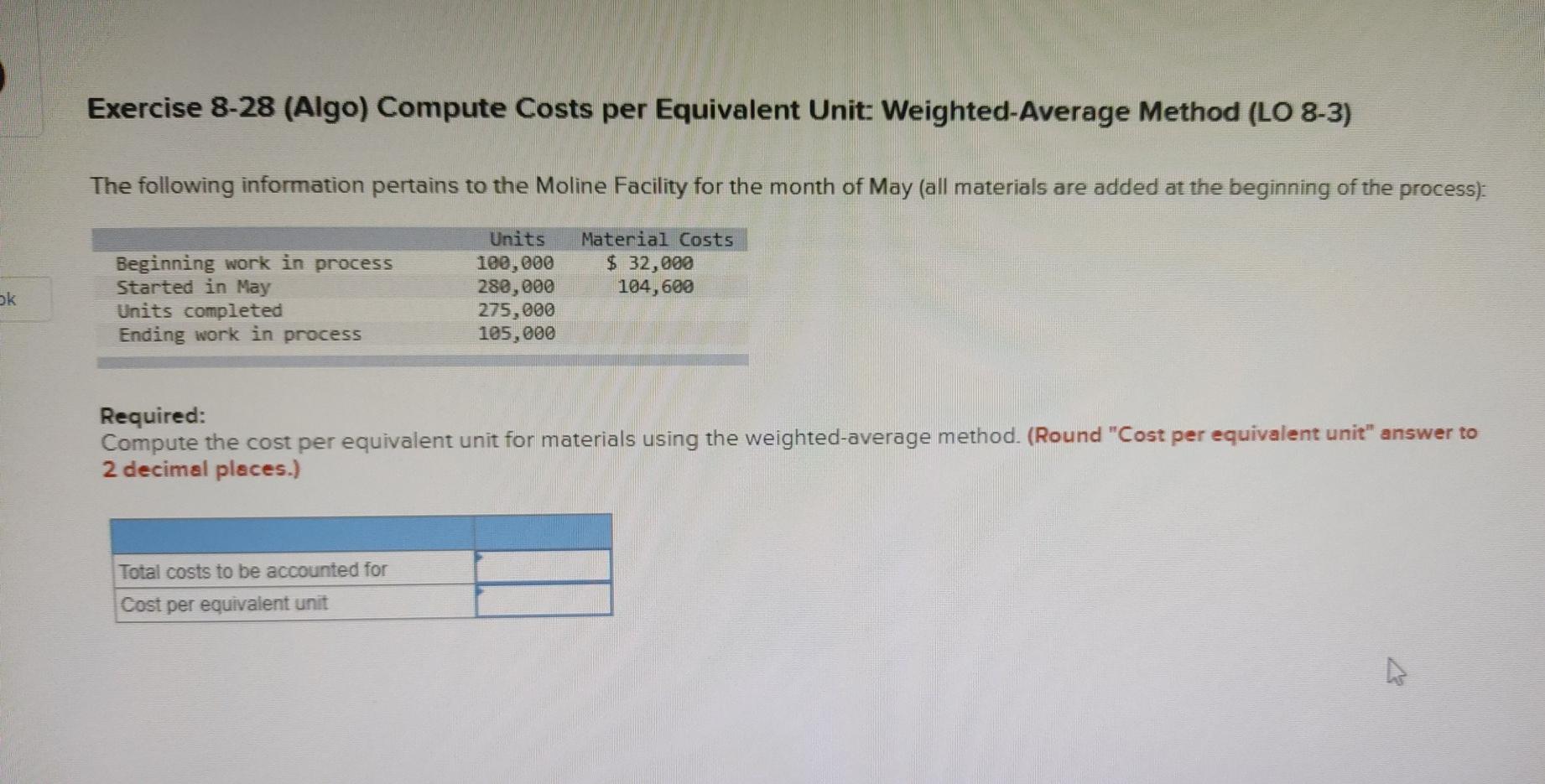 Exercise 8-28 (Algo) Compute Costs per Equivalent Unit: Weighted Average Method