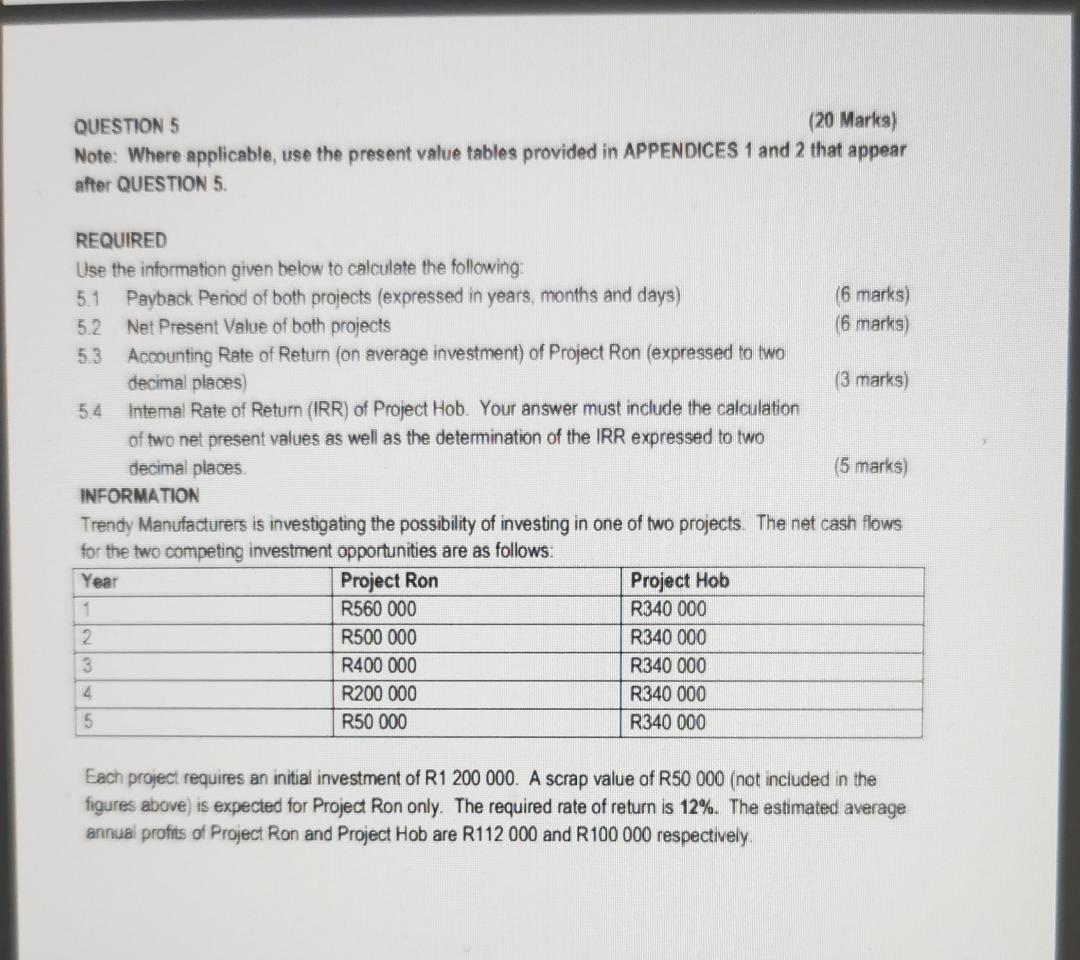 QUESTION 5 (20 Marks) Note: Where applicable, use the present value