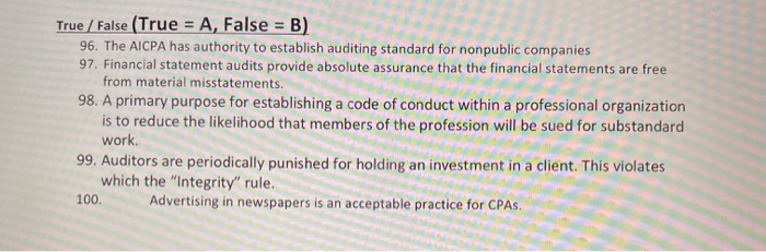  True / False (True = A, False = B) 96. The