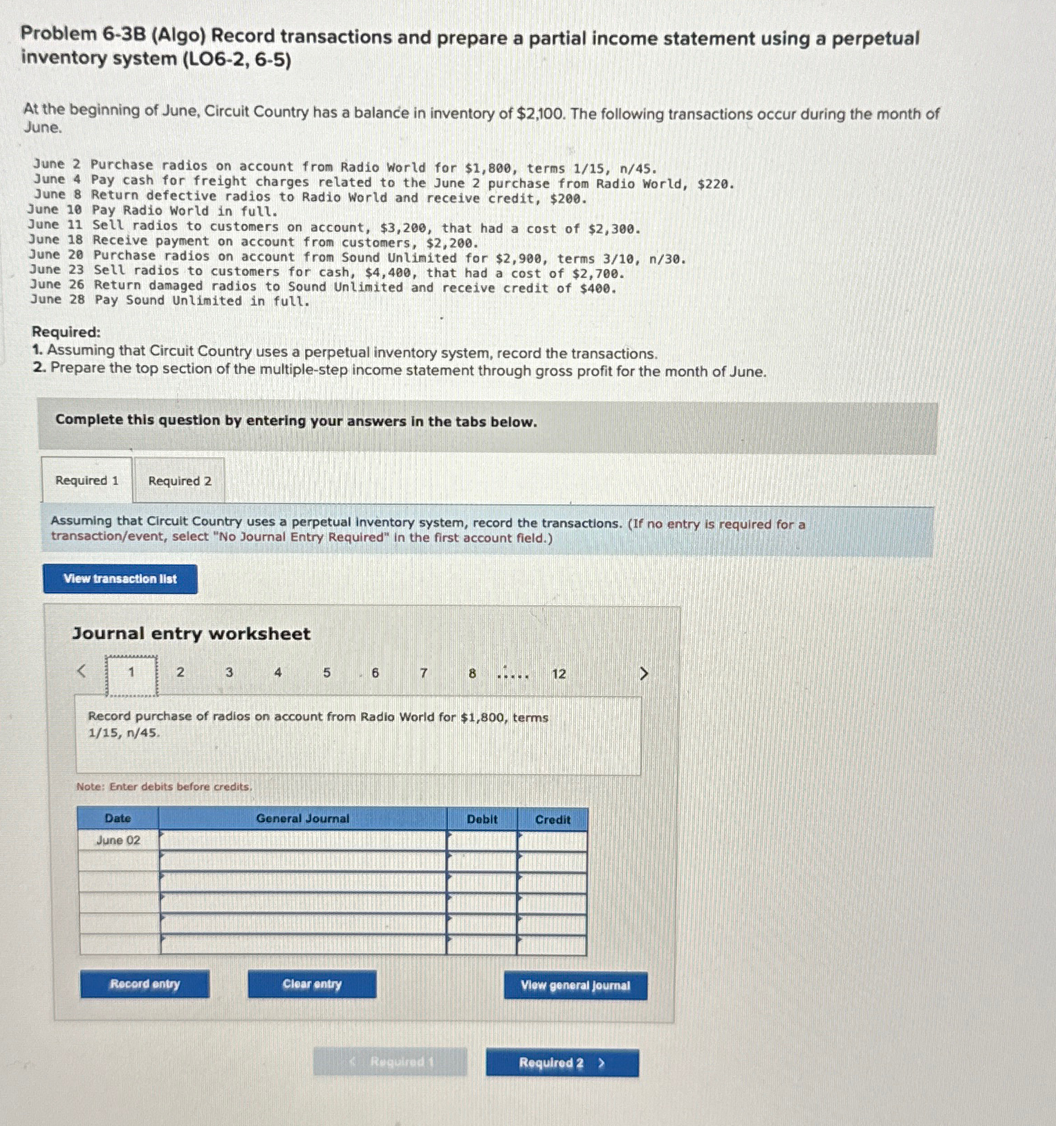  Problem 6-3B (Algo) Record transactions and prepare a partial income statement