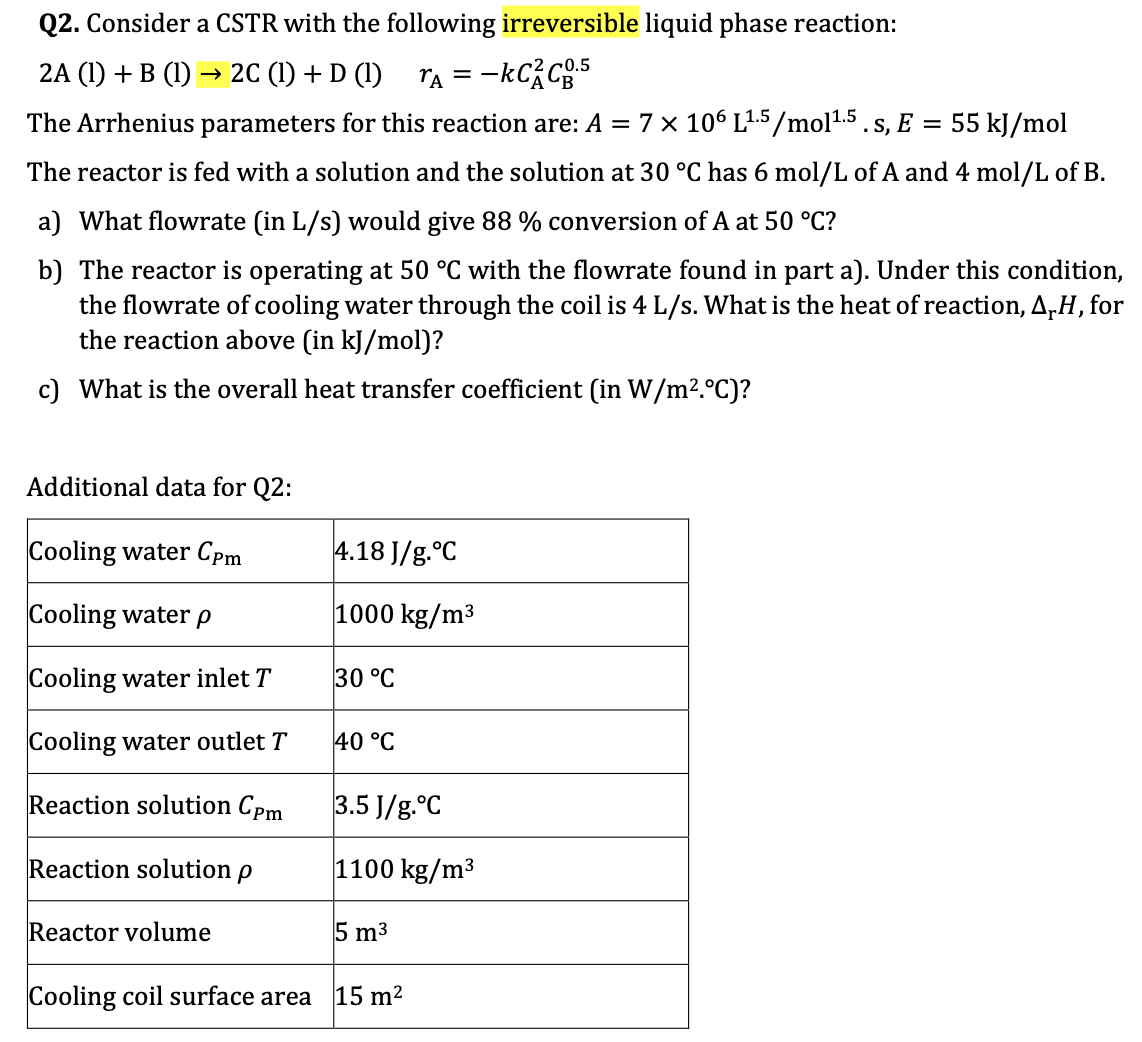  Q2. Consider a CSTR with the following irreversible liquid phase reaction: